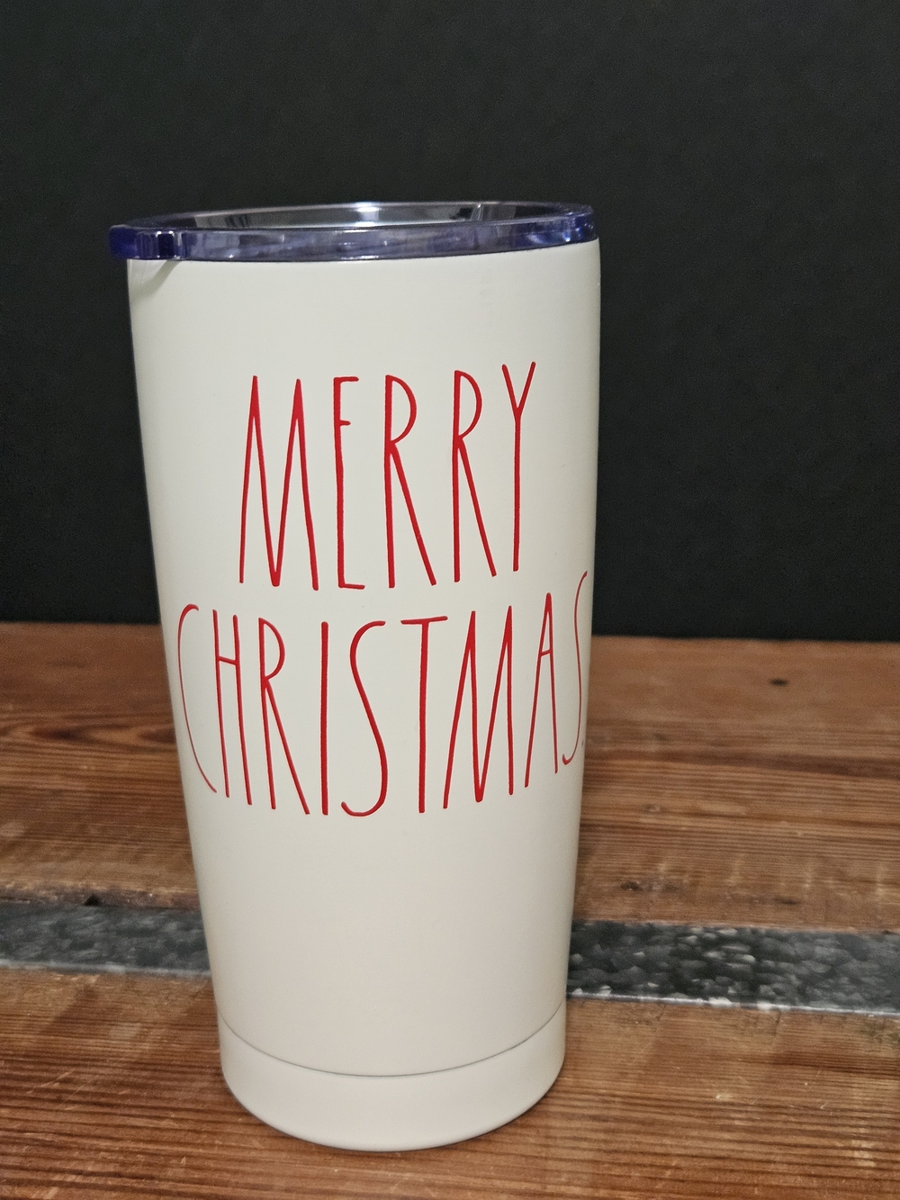 Rae Dunn Merry Christmas Cream Travel Tumbler with Red Lettering